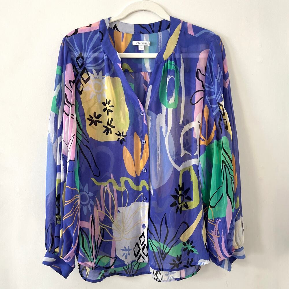 Chico's Floral Sheer Long Sleeve Button Down Blouse / 12
